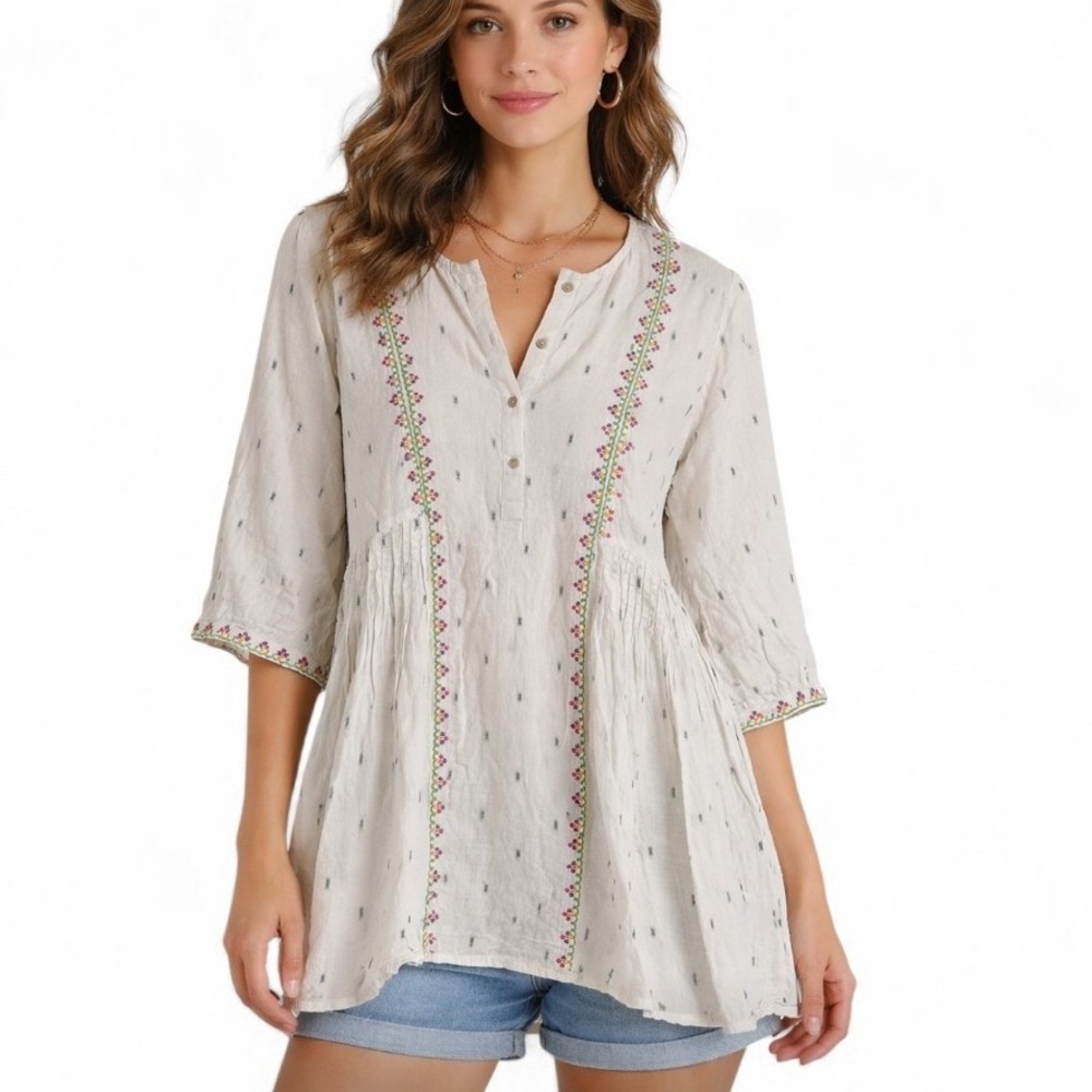 W White Cotton Gauze Embroidered cottagecore Top Pintuck Boho Womens size 10
